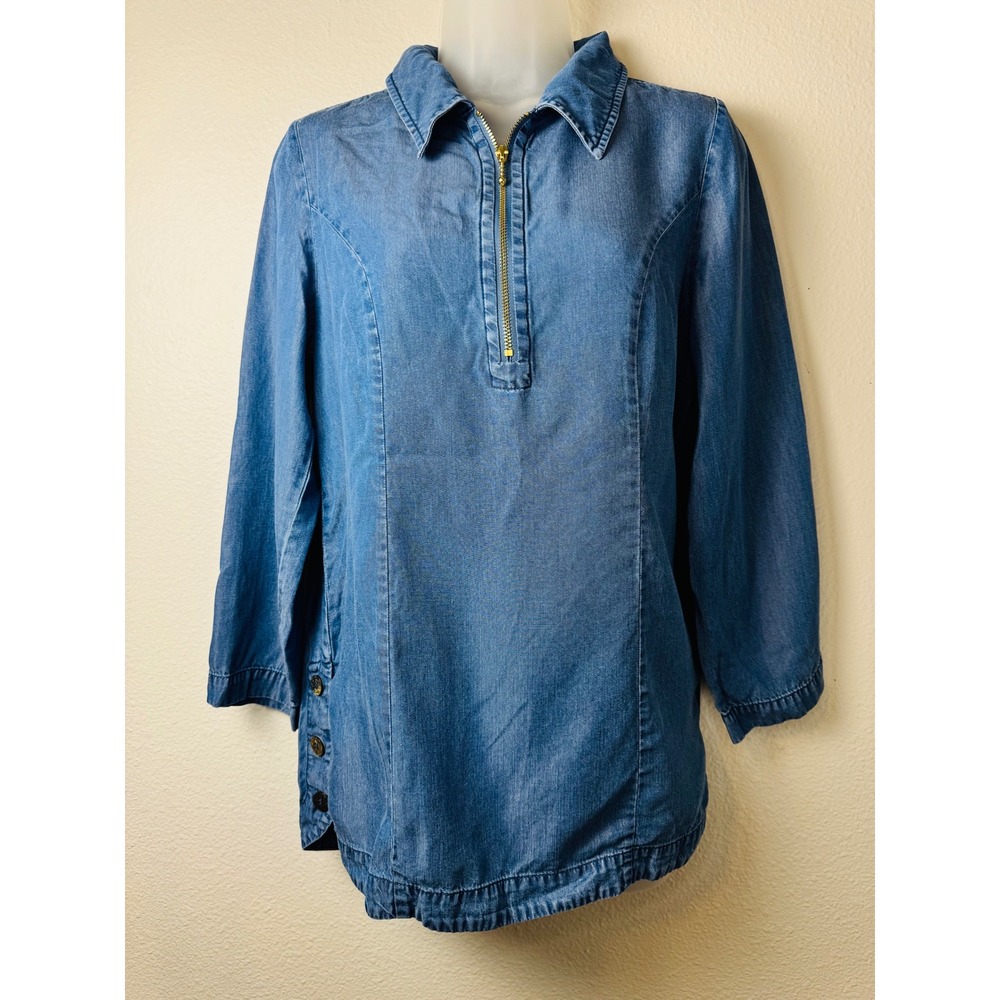 Soft Surroundings Womens XS Blue Tencel Denim Tunic Quarter Zip Top 2ER71